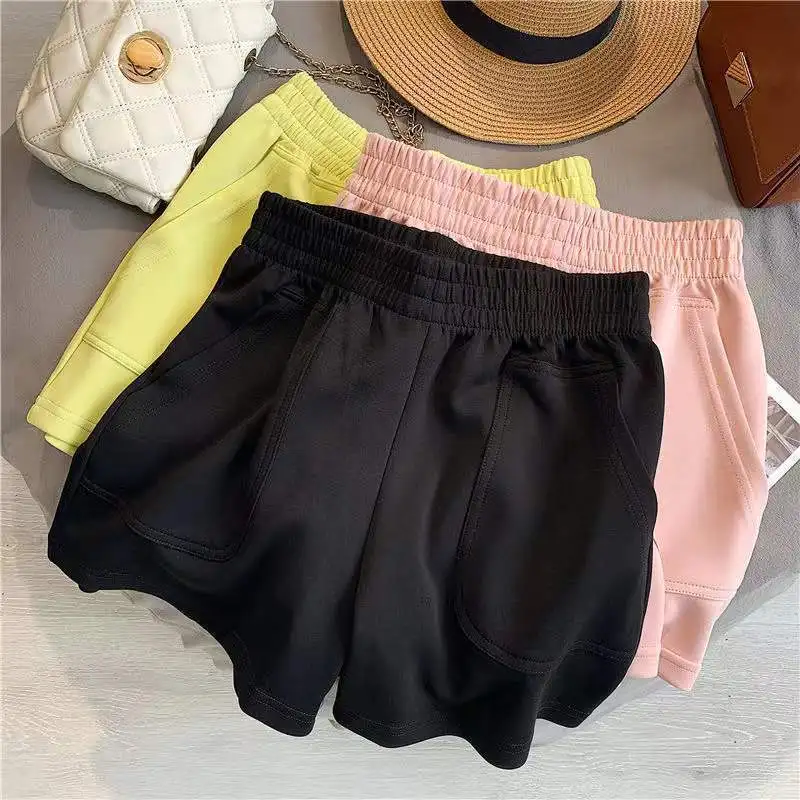 Women\'s Shorts With Pocket Summer Solid Color High Waist Hot Pants Casual Loose Sports Pants Elastic Waist Girls Cycling Shorts