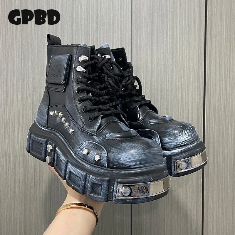 

GPBD Thick-Heeled Punk Boots for Men 2025 Autumn Metal Design with Rivets Fashion Heightening Thick Heels Short Boots