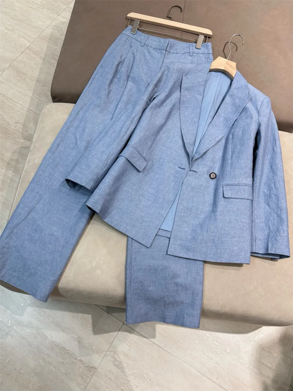 Women's Pants Suit Cotton Linen Blazer Jacket+ High Wais Straight Wide-Leg Trousers 2025 Casual 2-Piece Set