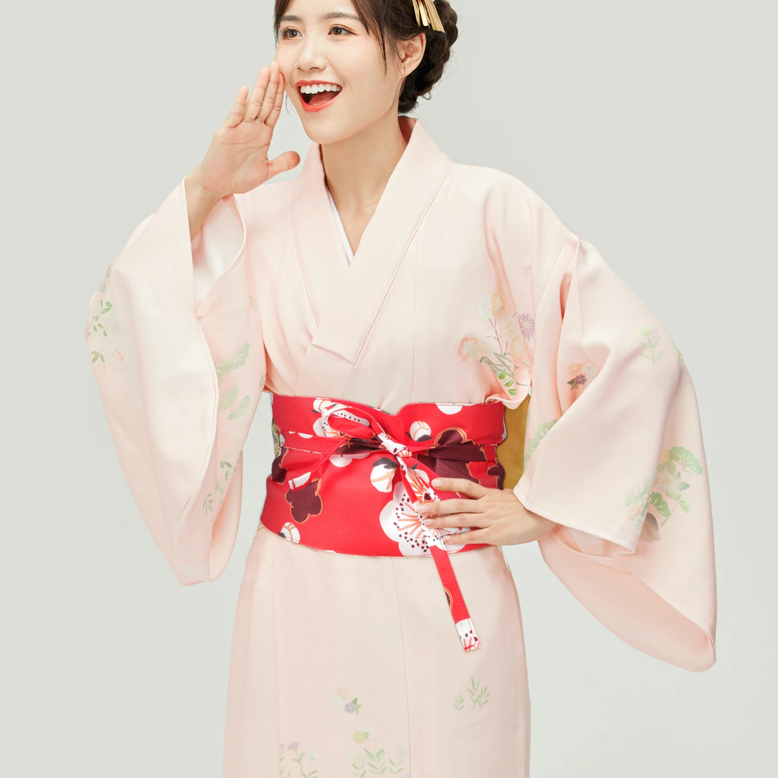 حزام خصر ياباني واسع بنمط الأزهار حزام كيمونو قابل للتعديل حزام خصر نسائي للفساتين والمناسبات الخاصة