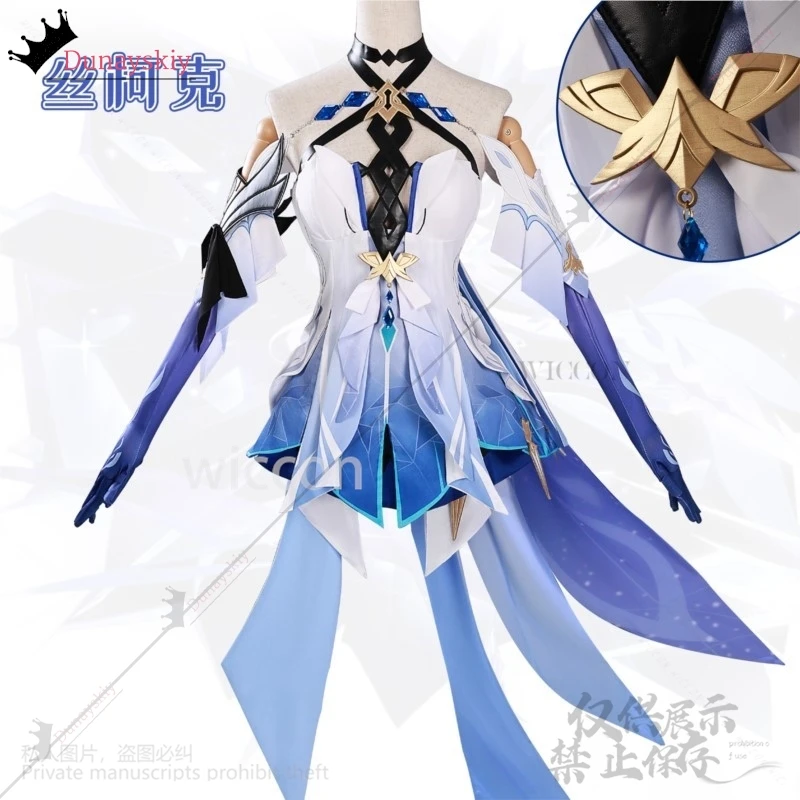 Anime Game Genshin Impact Cosplay Skirk Costume Sexy Halterneck Skirt With Irregular Trailing Violet-blue Lolita Wigs Customized