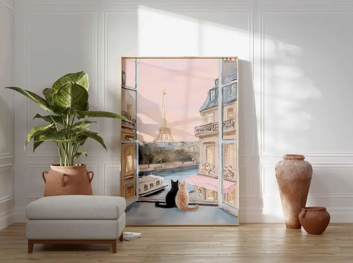 Paris Cat Wall Art Print, Eiffel Tower Window View Poster, Romantic French Apartment Decor, Whimsical Paris Cats Illustration view 6