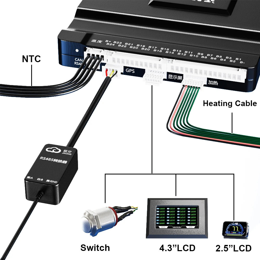 JIKONG BMS keseimbangan aktif mendukung BT/APP RS485 dapat panas Li-Ion Lto lifepo4 18650 baterai 12V 24V 36V 48V 72V 4S-24S 200A