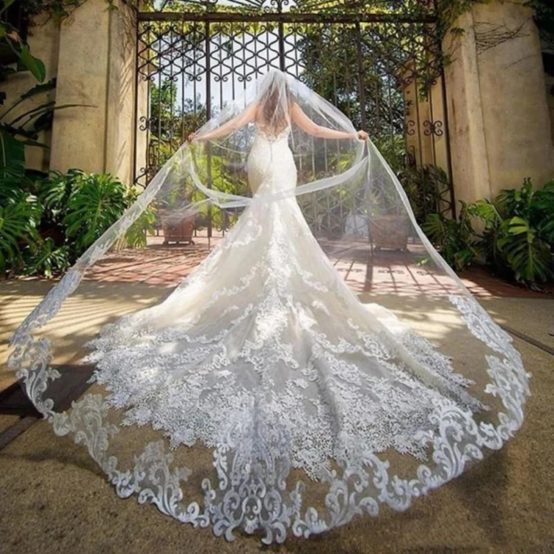 Uma camada branco marfim 4m catedral longo véu de casamento macio véu nupcial rendas apliques borda acessórios do casamento velo novia