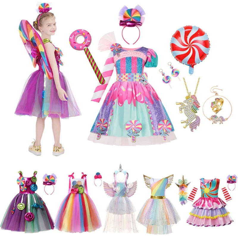 Princess Candy Dress For Girl Lollipop Prium Carnival Party Clothing Kids Cosplay Fancy Rainbow Unicorn Costume Outfits 3-10Y