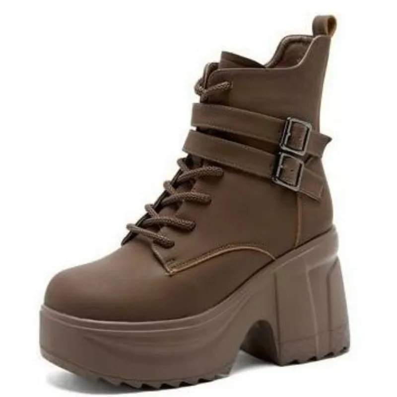 

Женские ботильоны на платформе из микрофибры на массивном каблуке 10 см, осенние весенние мотоциклетные туфли до щиколотки на толстой подошве