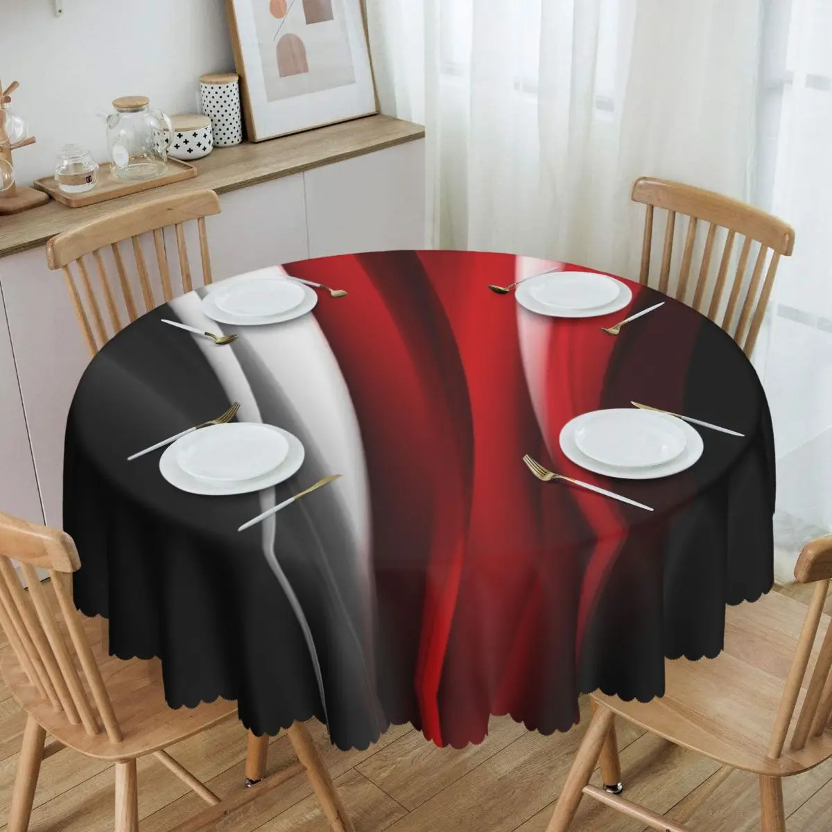 Customized Round Red And White Tablecloth Waterproof Oil-Proof Table Covers 60 inches Geometric Modern Art Table Cloth