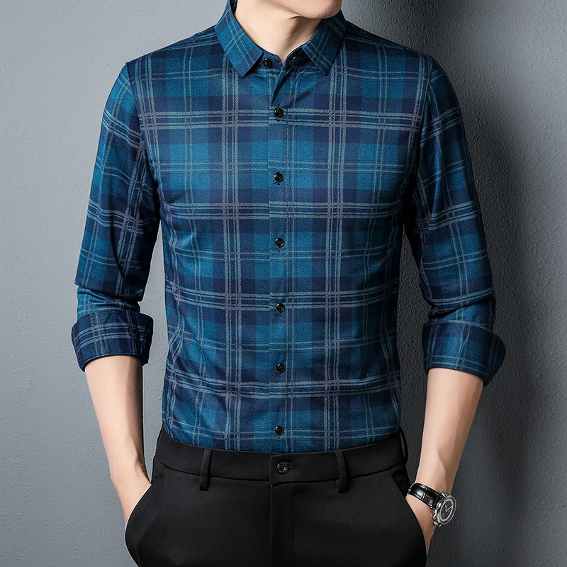 Korean Style Men\'s Slim Fit Plaid Button Down Shirt Man Long Sleeve Business Casual Shirt