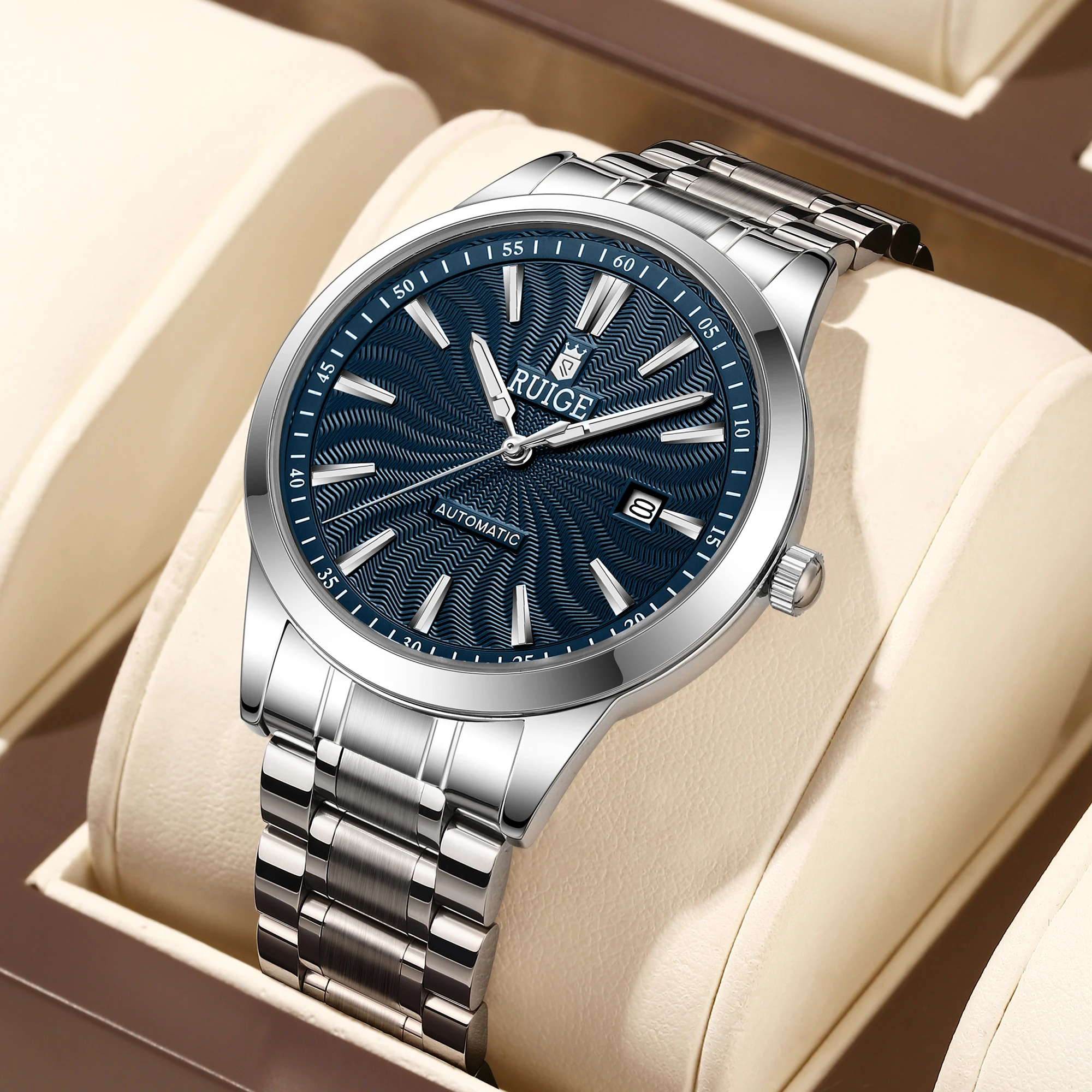 

RUIGE Calendar Мужские полностью автоматические механические часы из нержавеющей стали Cyclone Series Мужские ночники Водонепроницаемые деловые часы