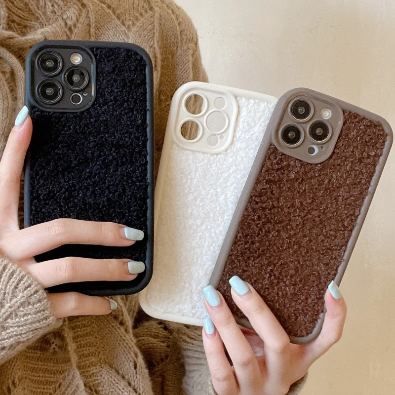 Luxury Winter Soild Color Plush Cloth Soft Case For iPhone 15 Pro Max 14 Pro Max 13 12 11 X XS XR 7 8 Plus Lens Protective Cover