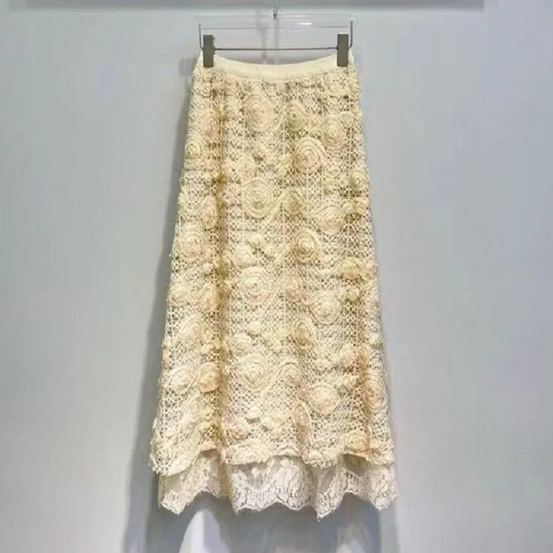 

2026 Spring Fashion Long Skirt High Quality Women Elastic Waist Allover Crochet Lace Flower Patterns Elegant Party Vintage Skirt