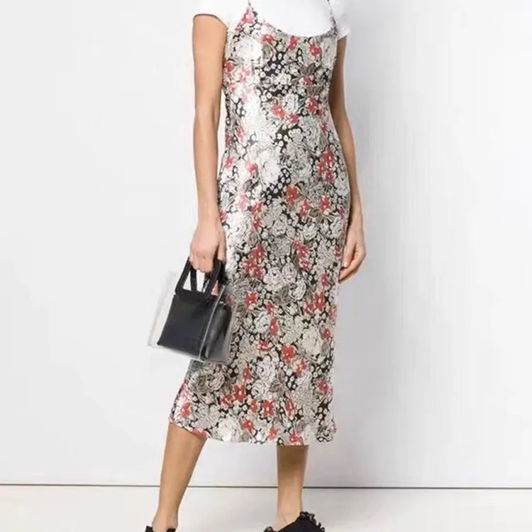 Heavy Satin Suspender Skirt, Low-key Luxury, Ink Printing, Pendant Lubrication, Refined Temperament Sleeveless Suspender Dress