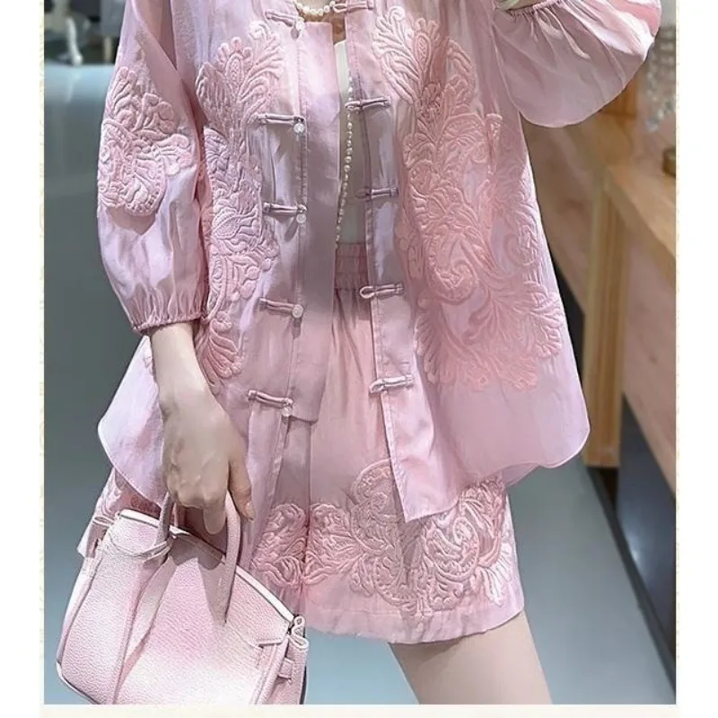 (Plus Liner) New National Style Embroidery Foreign Style Improved Hanfu Buckle High-end Outer Loose Shorts Two-piece Set Suits