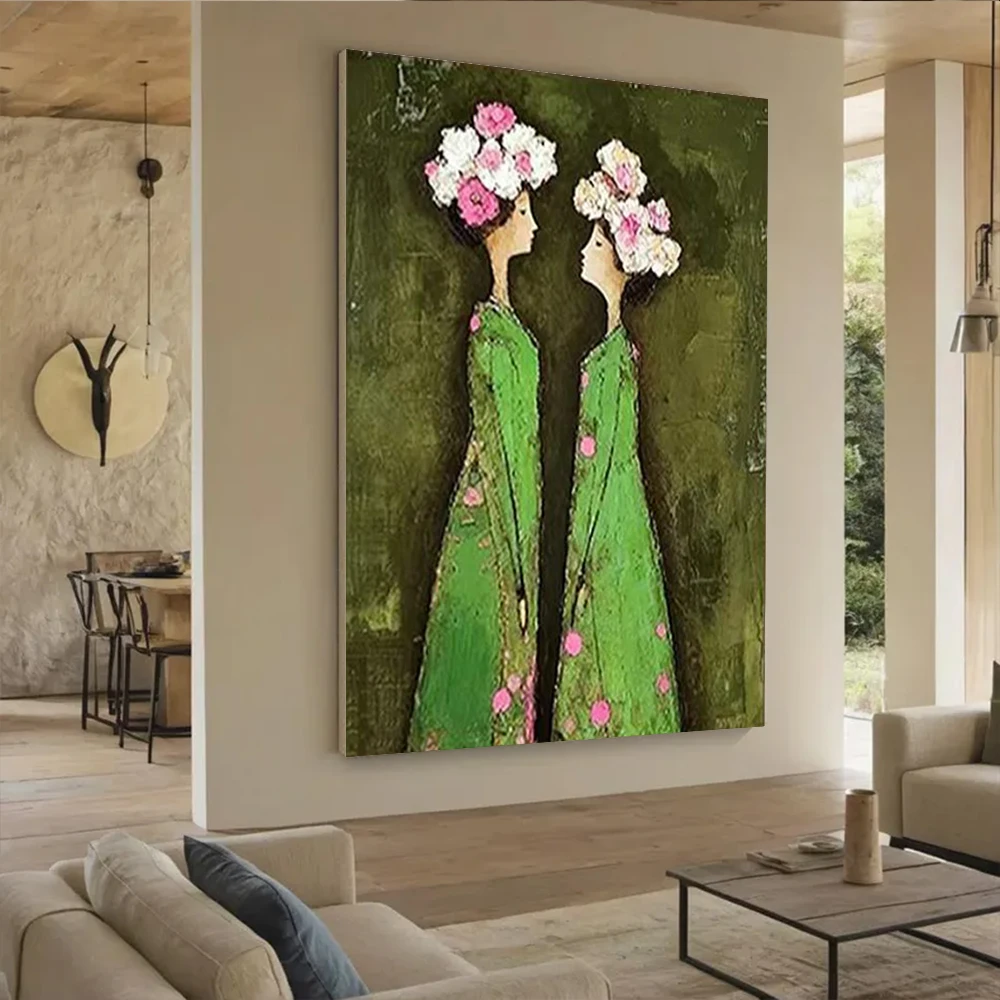 

100% Handmade Abstract Oil Painting on Canvas - Girl Wearing Flower Wreath Wall Art Picture for Home Living Room Decor Image ins