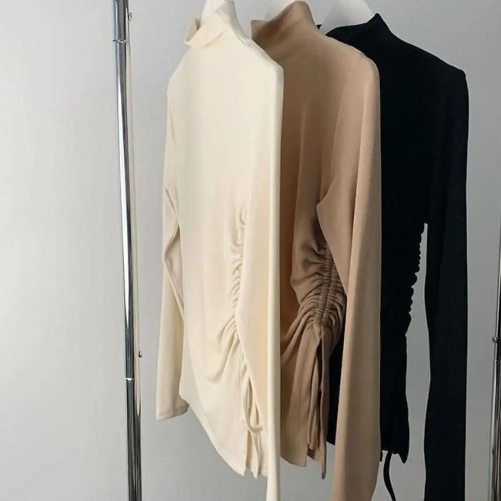 نصف الياقة العالية كم طويل تي شيرت بسيط غير منتظم سليم الرباط البلوز قاع قميص قميص المحاصيل الأعلى المرأة Y2k