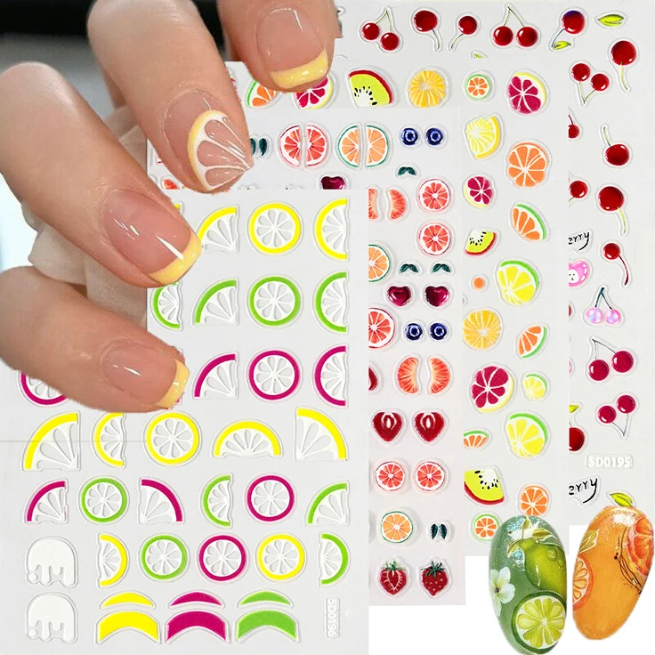 

1pc 5D Summer Fruits Lemon Strawberry Nail Stickers Embossed Cherry Nail Art Decorations Self-Adhesive Slider for DIY Nail Decal