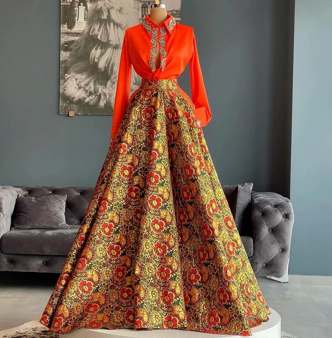 Red Prom Dresses Haute Couture Long Sleeves Lace Beaded Saudi Arabia Dubai Robe De Soiree Evening Dress Gown Customized