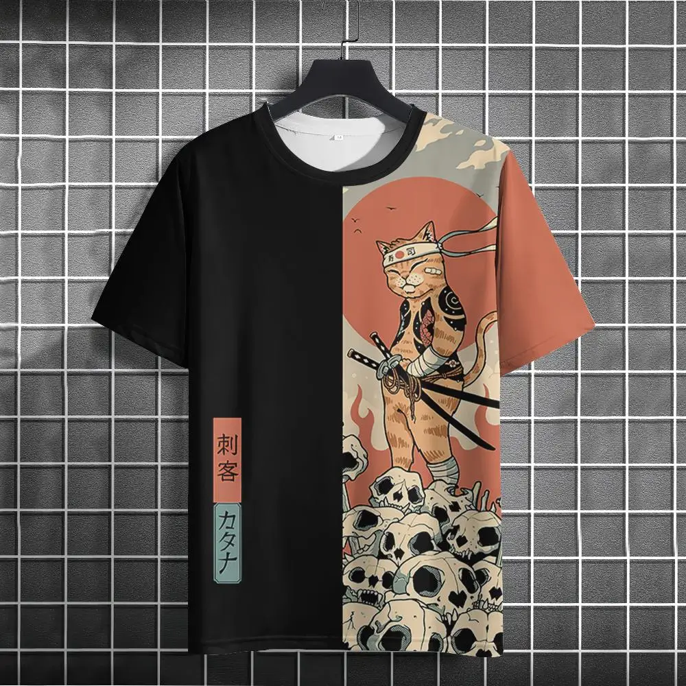 Cartoon Cat Japanese Samurai Cat T Shirt Men Street Animal 3d Print Short Sleeves Anime Men\'s T Shirt Oversized Casual Top Tee