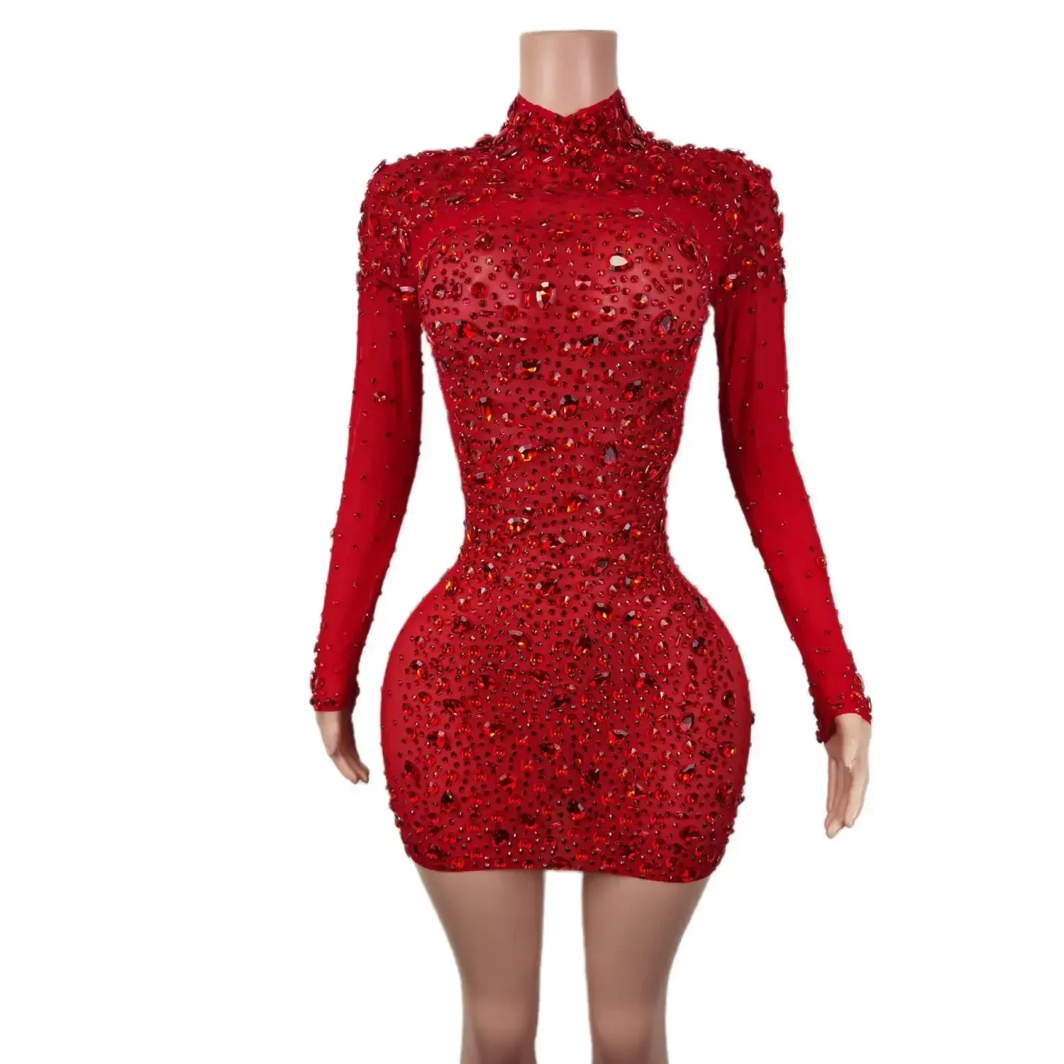 Sparkle Red Rhinestone Mesh Dress Women Birthday Prom Celebrate Evening Stretch Short Dress Sexy Stage Dance Performance Costume