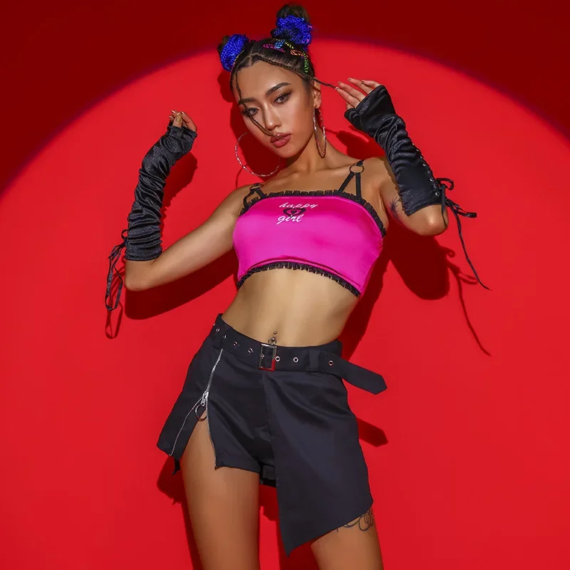 Pink Black Rave Clothes Kpop Hip Hop Dance Costume Women Crop Top Mini Pleated Skirt Cargo Pants Stage Show Wear Jazz Outfit