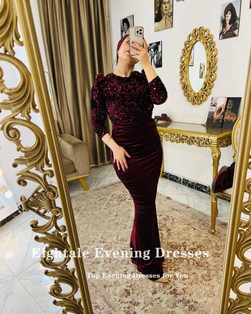 Eightale Evening Dresses Sparkly Velvet Arabic Muslim Celebrity Prom Party Dress Detachable Skirt vestidos de ocasión formales