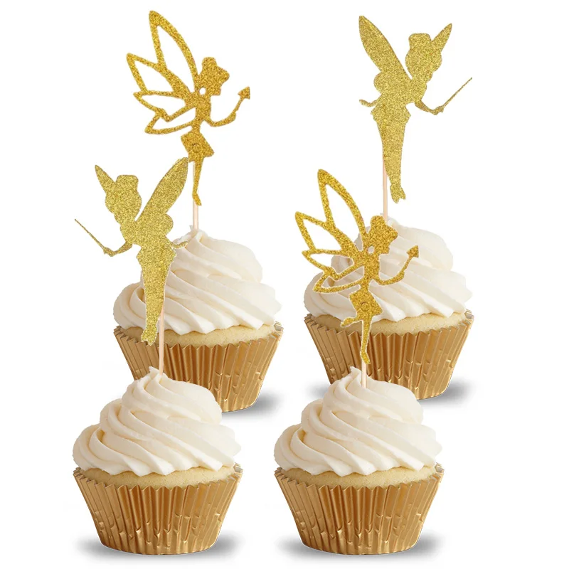 48/24Pcs Gold Giitter Fairy Cupcake Toppers Tinkerbell Cupcake Picks Fairy Themed Party Supplies Cake Decorating Baby Shower