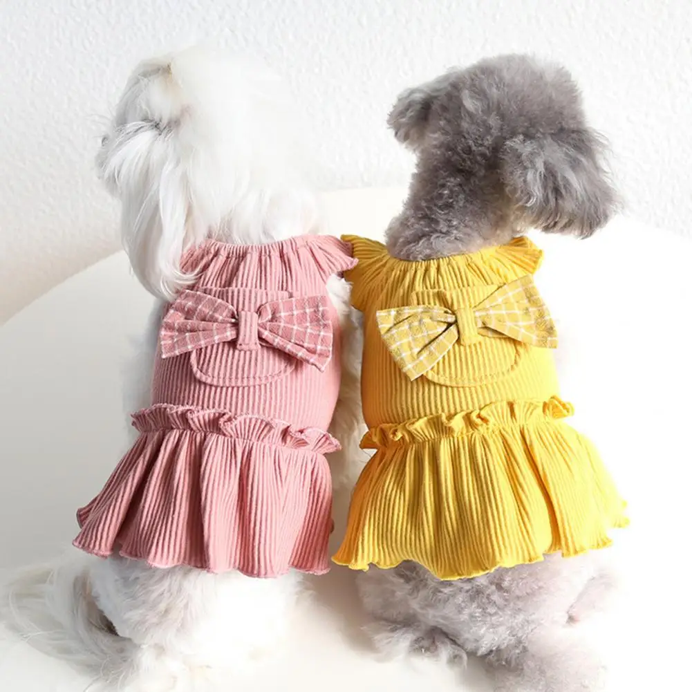 Adorable Dog Dress  Breathable Ultra-thin Pet Skirt  Doggy Kitten Summer Bowknot Pocket Sling Dress