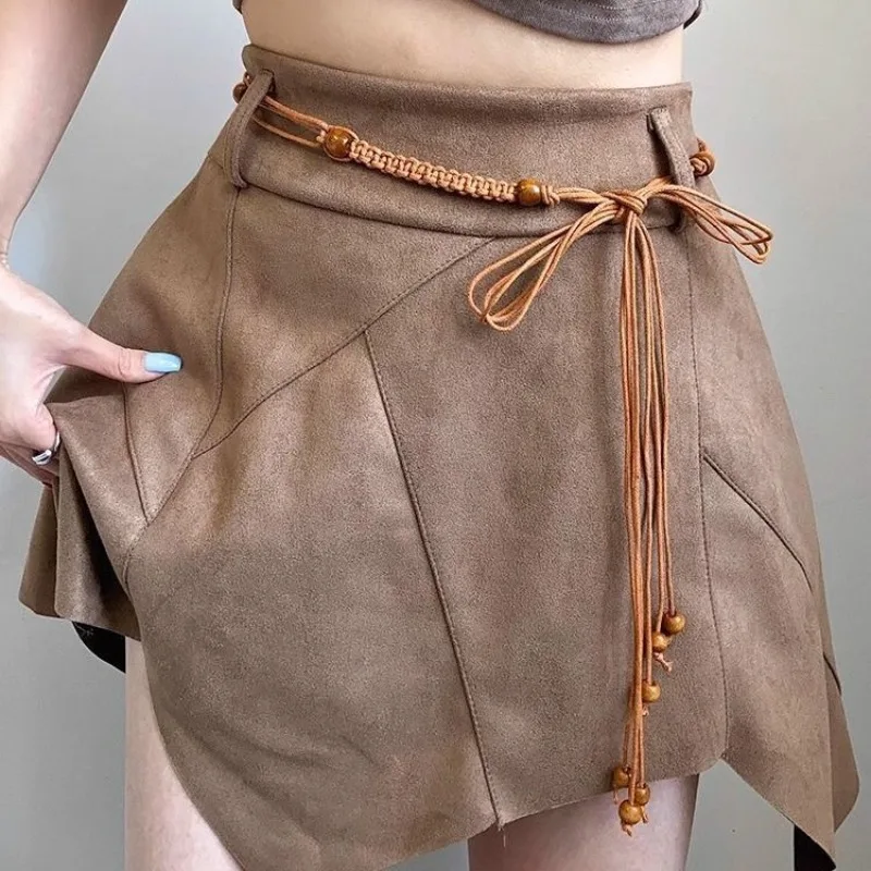 Trendy Retro and Minimalist Waxed Cord Belt Fashionable Ethnic-Style Braided Belt; Beaded Waist Cord Versatile Thin Women’s Belt