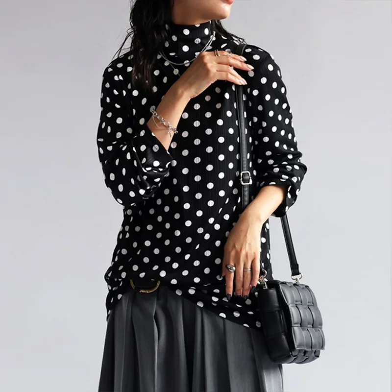 

Krisstars для девочек, женские блузки в горошек, топы, осень-весна 2021, полуводолазка с длинными рукавами, повседневные повседневные пуловеры, рубашки для женщин