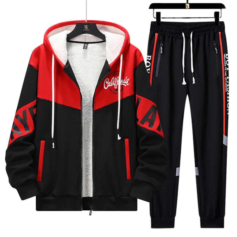 New Tracksuit Set Men Winter Warm Thick Hoodie Cardigan Zipper Sweatshirt Sweatpant 2 Piece Students Husband Track Suit Plus 5XL