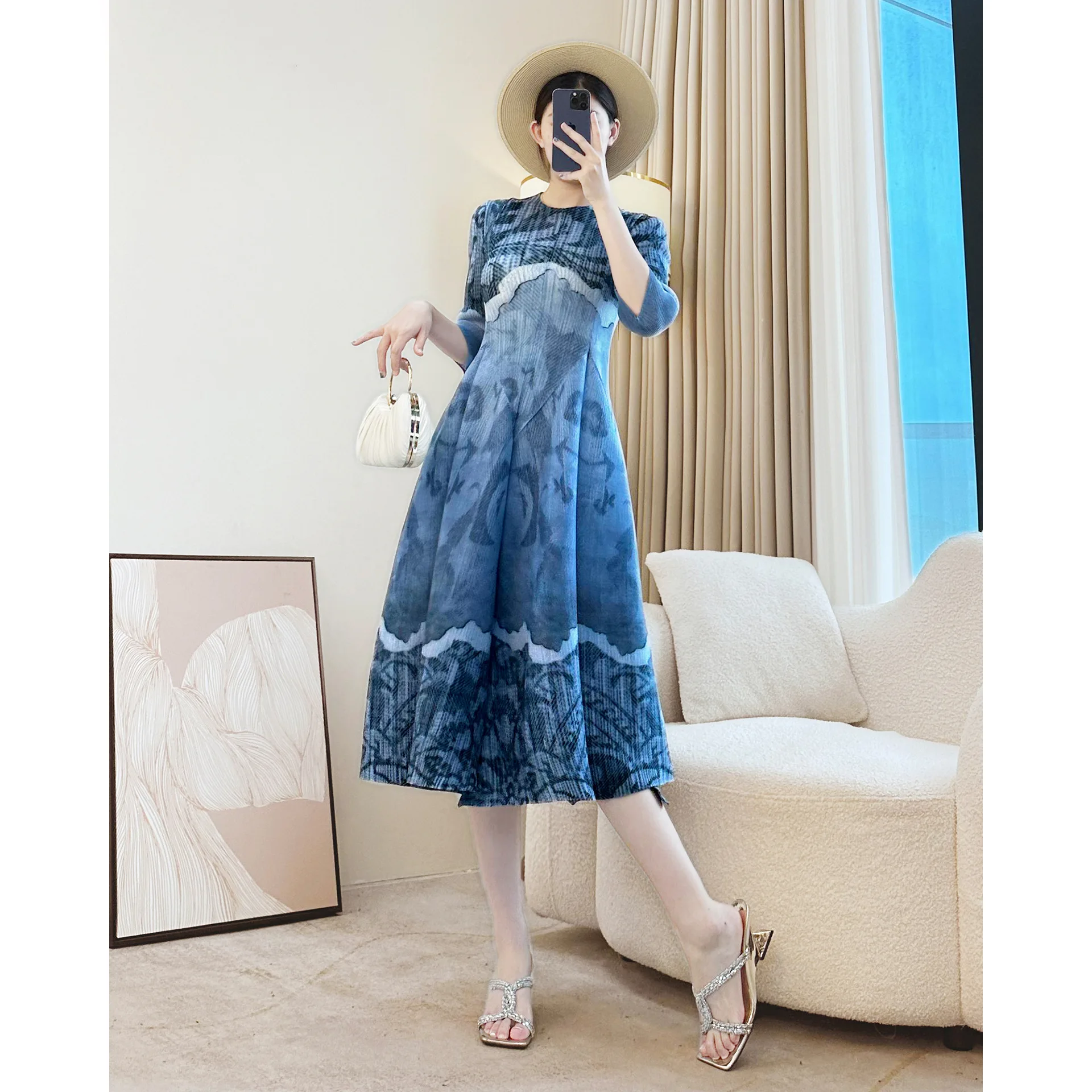 الراقية مياكي نمط مطوي فستان للنساء 2025 الخريف جديد تنوعا فضفاضة كبيرة الحجم المرأة زهرة برعم مطوي تنورة العصرية