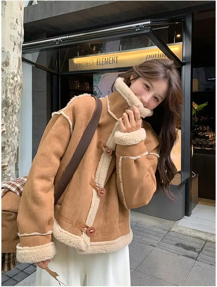 College Style Stand Collar Lamb Wool Coat Women Windproof Warm Fur Outwear Female Chic Thickened Loose Biker Jacket Streetwear