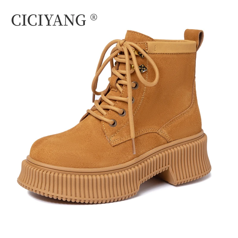 

CICIYANG Women Ankle Boots Cow Suede 2024 Autumn New Chunky Platform Round Head British Style Lace-up Ladies Booties Handmade