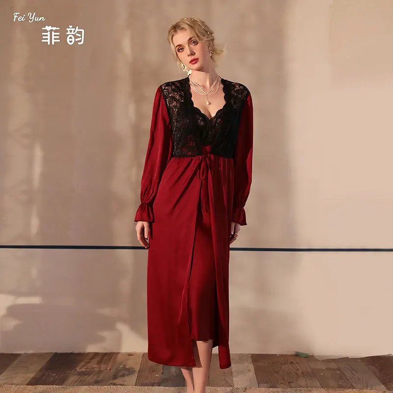 2024 New Spring Summer Robe Lace Patchwork Kimono Bathrobe Long Nightdress Sleepshirt Satin Loungewear Wedding Nightwear