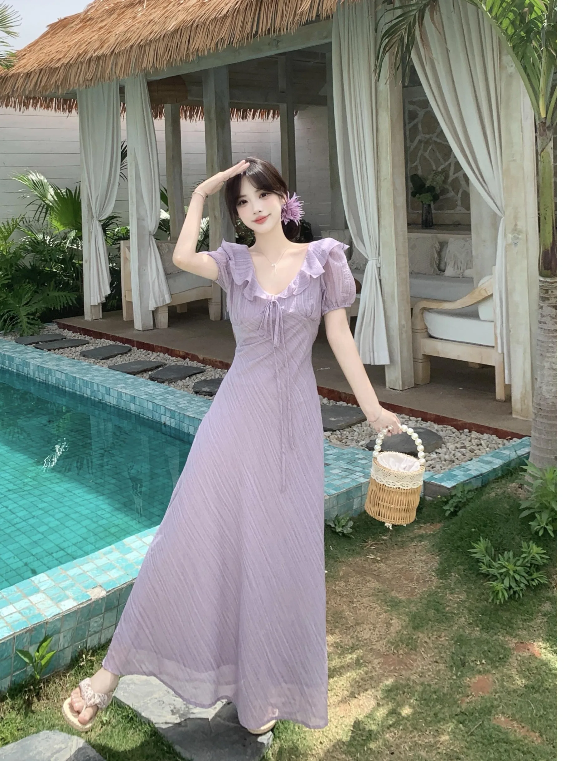 

plus Size Women's Gown with Soft Lace V-ne Bubble Sves Slimming Waist High Waist A-line Skirt Korean Sle Summer Dr