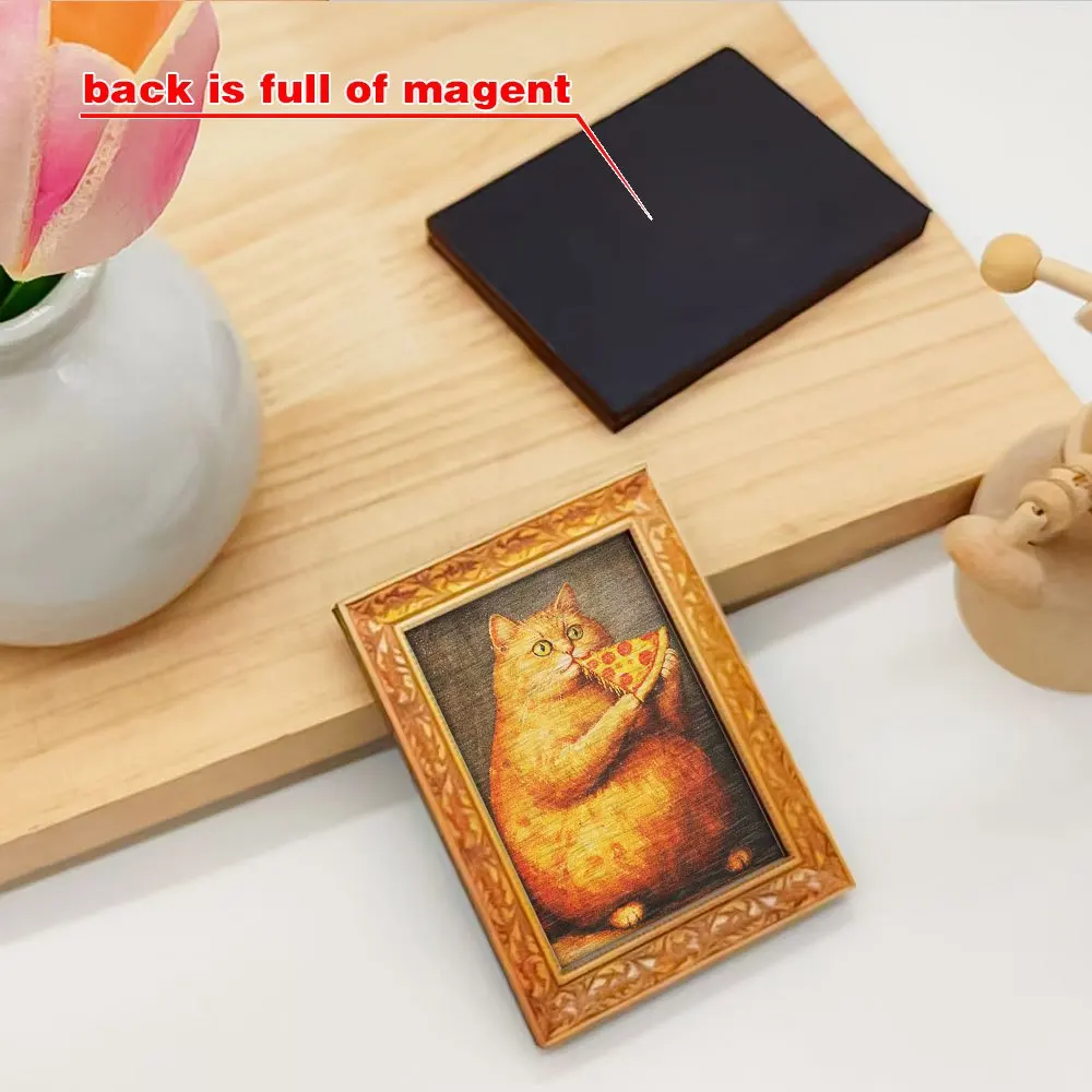 Lustiger, molliger orangefarbener Katzen-Kühlschrankmagnet mit Pizza-Motiv, gerahmte Vintage-Magnetkunst für Küche, Kühlschrank und Heimdekoration – Detail 4