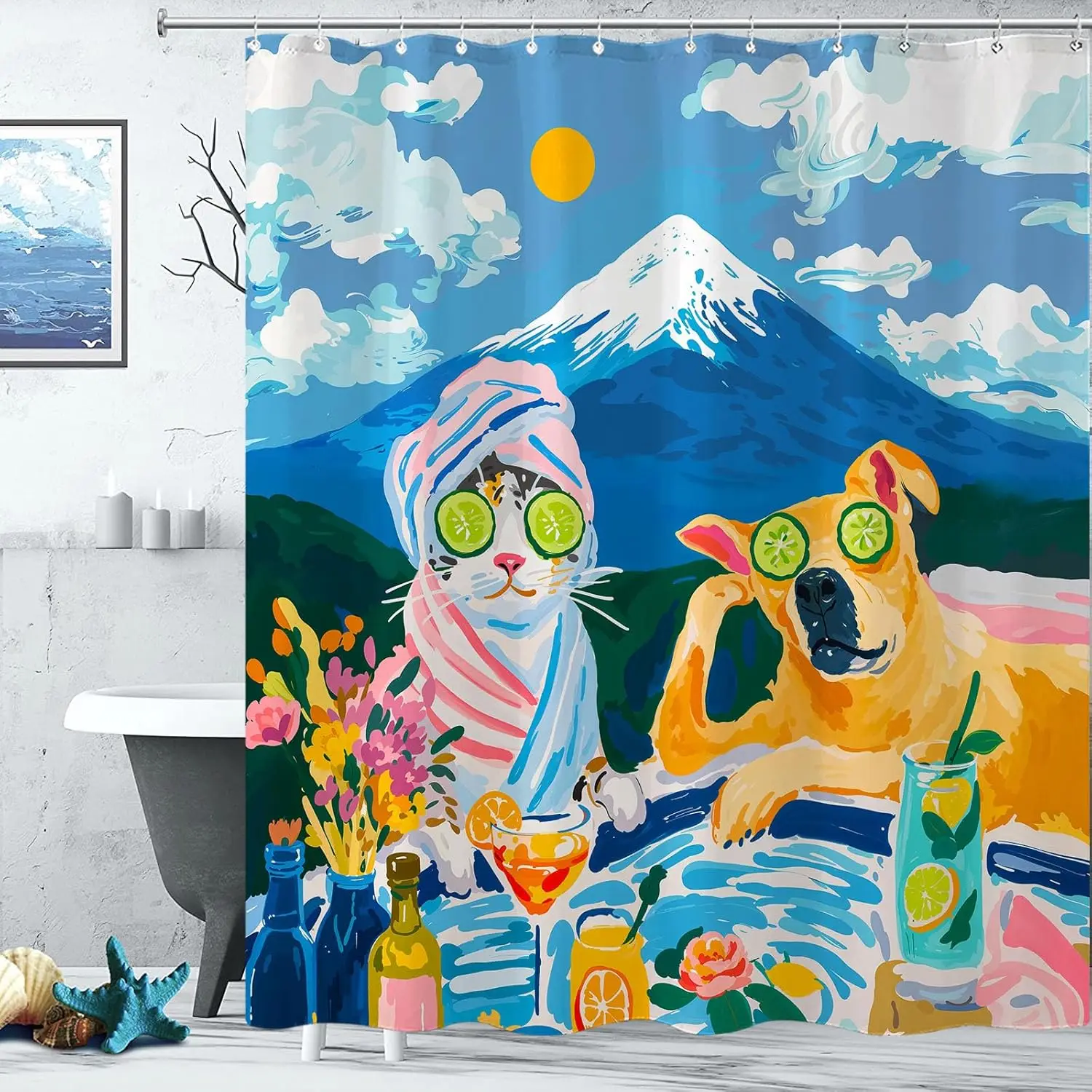 Spa Cat Shower Curtain Set Relaxing Pool Scene Waterproof Bathroom Shower Curtain Humorous Feline Art Print Retreat Home Decor