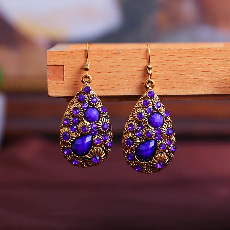 Ethnic Bohemian Vintage Crystal Rhinestone Acrylic Water Drop Dangle Earrings For Women Carved Antique Gold Color Boho Earrings