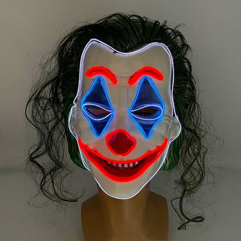 EL Wire Movie Theme Glowing Face Mask Cosplay Luminous LED Jocker Mask With Green Hair Light Up Clown Mask Carnival Supplies