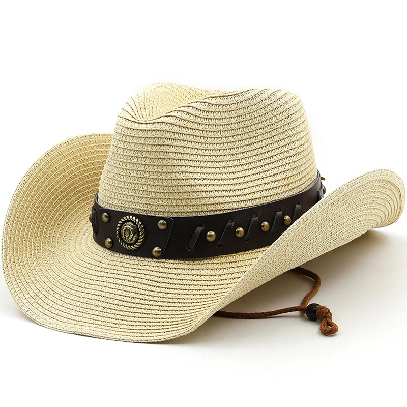 Simple Cowboy Hat Men\'s Sun Hat Wide Brim Fedora Hat Belt Decorate Beach Straw Hat for Men UV Protection Cap Chapeau Femme