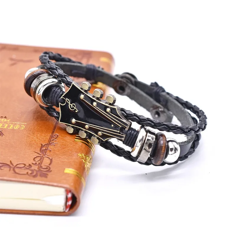 Vintage leather woven bracelets, musical instrument note four in one buckle jewelry men bracelet