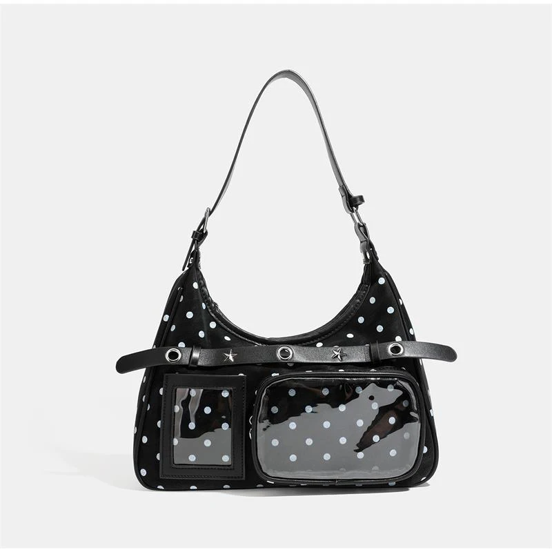 Polka Dot Ita Bag mit transparentem Sichtfenster, Damen-Schultertasche mit Patchwork-Gürtelschnalle, süße, niedliche, lässige Alltagstasche – Detail 10