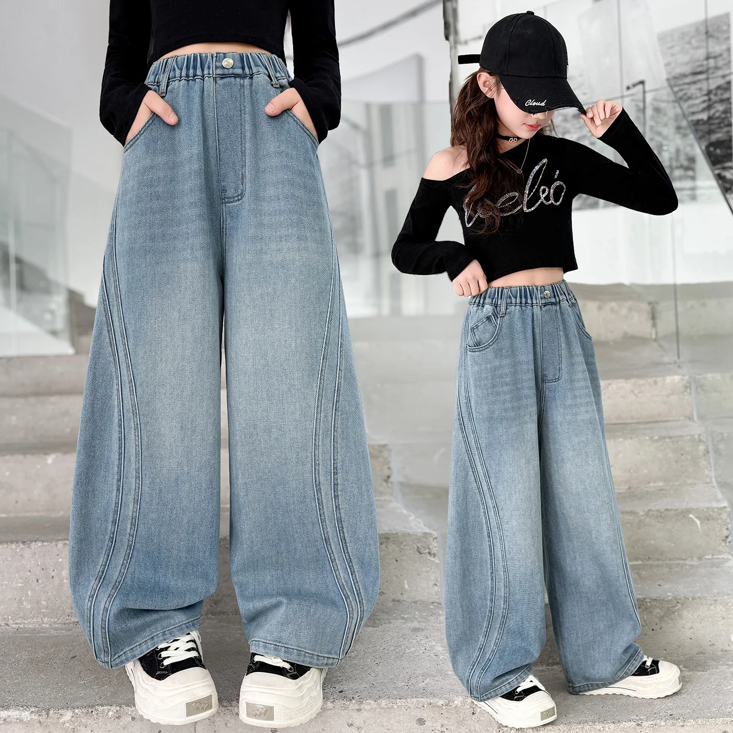 Girls Loose Wide Leg Jeans Spring Autumn Kids Pants Comfortable Breathable Cotton Trousers for 5-14 Years Old Girls