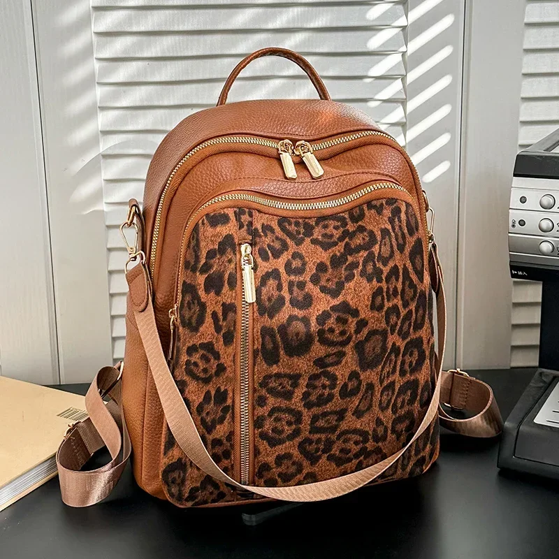 Leopard Print Zipper PU Fashion Backpacks Sewing Thread 2025 Large Capacity Simple Versatile Classic Schoolbags for Women