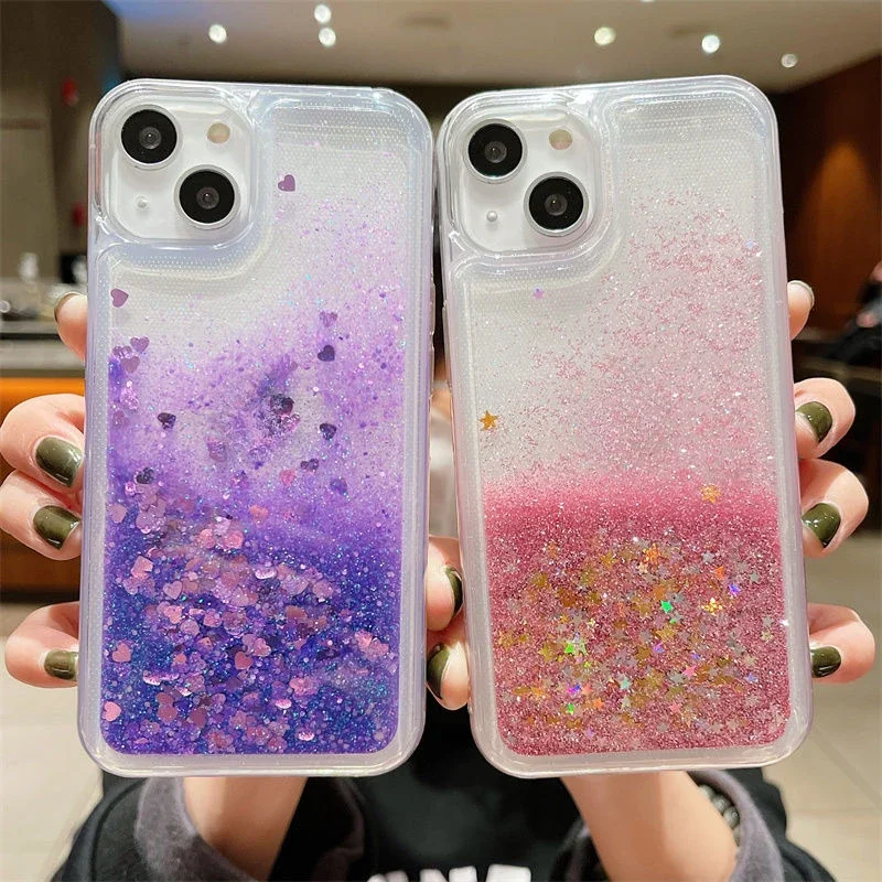Liquid Soft Silicone Phone Case for iPhone 17 14 16 Pro Max 15 Plus Cover Glitter Quicksand Water Coque Heart Float Sequins Capa