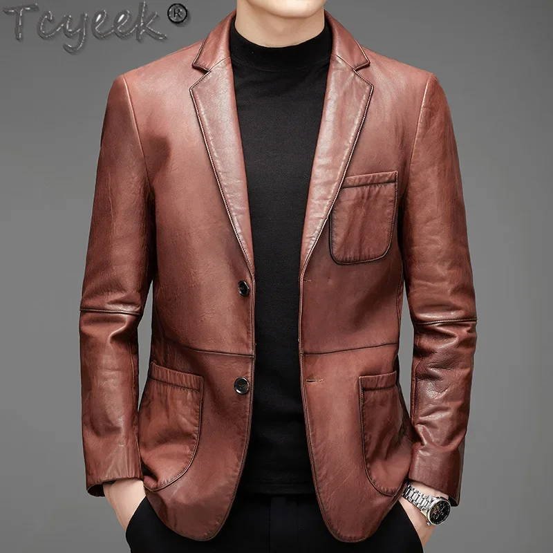 Tcyeek Real Leather Jacket Men Oil Wax Natural Cowhide Coat 2024 Spring Autumn Mens Clothes Business Casual Leather Coat Trendy