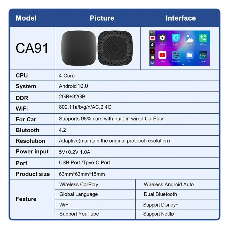 Evean CarPlay Ai Box Android 10 2+32GB 4-Core Wireless CarPlay Android Auto YouTube Netflix