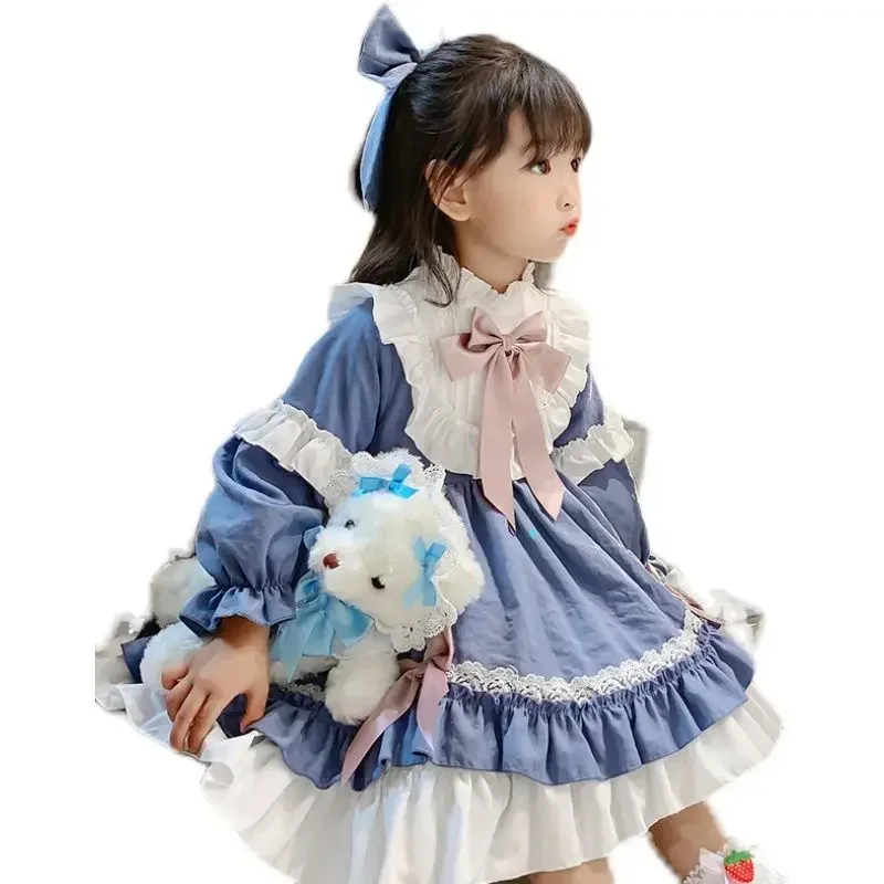 Robe Lolita à volants avec nœud bleu mignon pour filles, tenue Kawaii pour enfants, robe de princesse d'anniversaire, bébé doux, printemps, automne, 2-7 ans, 2023