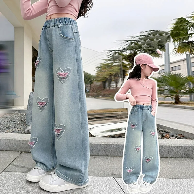 

Girls Straight Denim Pants 5-14 Years Casual Wide-legged Jeans Kids Fashion Streetwear Loose Trousers Children Clothes