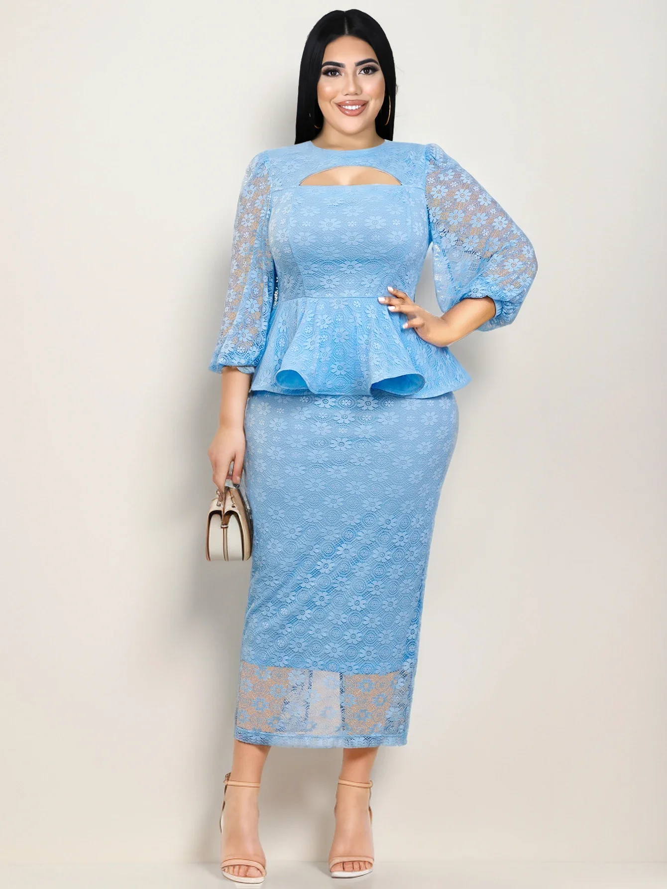 Women Vintage Blue Floral Lace Bodycon Dress O Neck Cut Out 3/4 Lantern Sleeve High Waist Peplum Midi Evening Gowns Plus Size